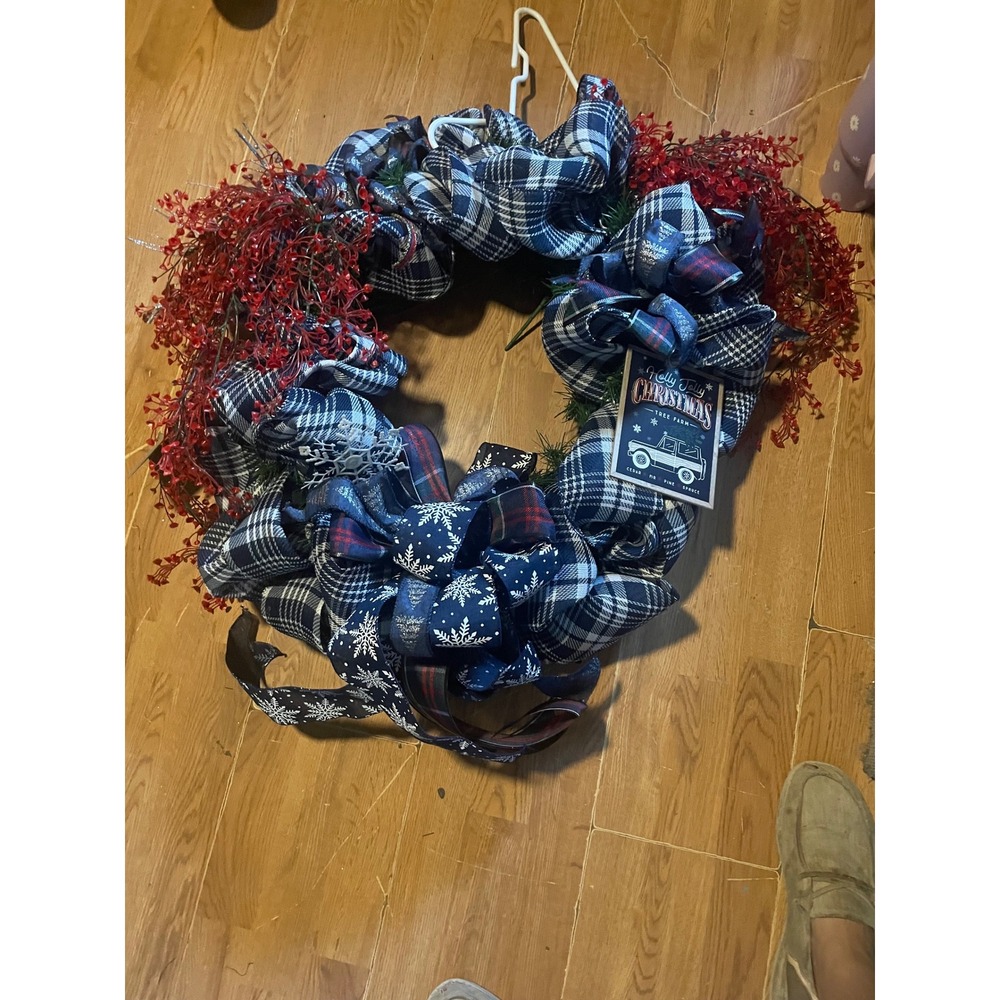 Christmas Wreath‎ Blue Plaid Holiday Decor Farmhouse Front Door Decoration
